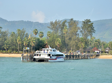 Passenger catamaran ferry moored at a long wooden pier on a palm-lined tropical beach with green hills behind