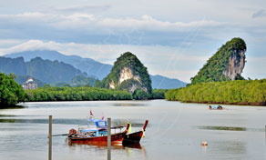 Traditional Thai longtail boat moored on a mangrove-lined river below limestone karst hills