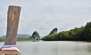 View from a longtail boat bow along a mangrove-lined river toward limestone karst peaks in Thailand