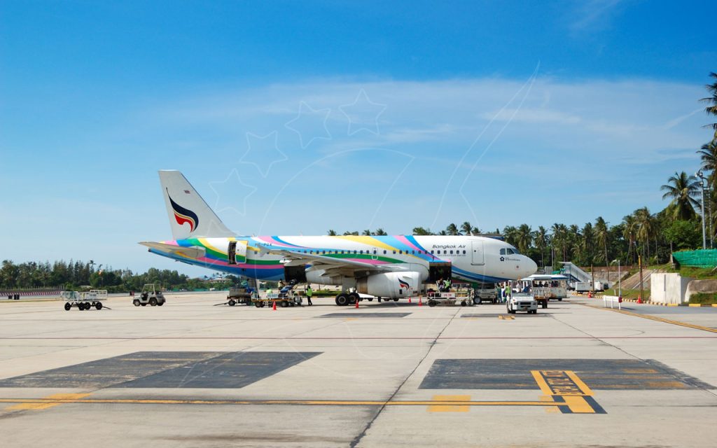 Bangkok Air Airbus A319 parked on tarmac at a tropical airport with palm trees and ground crew