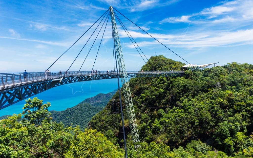 Curved cable-stayed pedestrian sky bridge above dense rainforest hills with turquoise sea and blue sky beyond