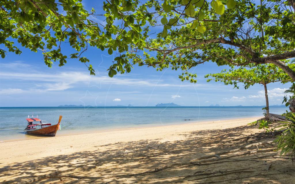 Traditional Thai longtail boat moored on a quiet sandy beach under a shady tree with distant islands