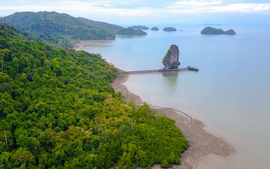 Aerial view of a wooden pier leading to a limestone karst rock beside forested coastline and calm turquoise sea