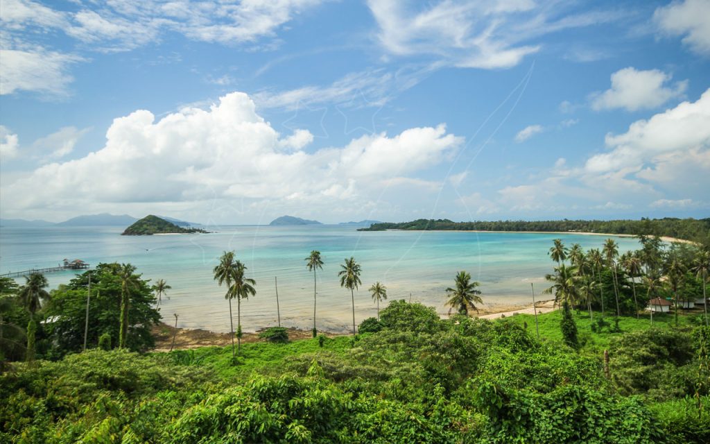 Tropical bay with turquoise water, palm trees, forested hills and small pier under blue sky