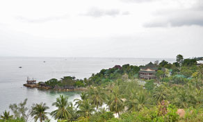 Tropical coastline with palm trees, wooden pier huts and small boats moored under an overcast sky