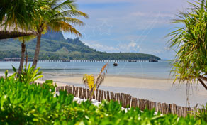 Tropical beach with palm trees, bamboo fence and a long wooden pier stretching into turquoise water