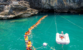 Snorkellers in orange life jackets floating in a line along turquoise water beside limestone cliffs near a white boat