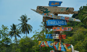 Colourful hand-painted wooden direction signs stacked on a post, framed by palm trees under a blue sky