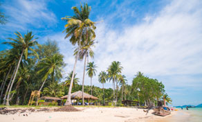 Tropical beach with tall coconut palms, thatched-roof hut and a wooden longtail boat on white sand under blue sky