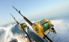 Two big-game fishing rods with gold trolling reels mounted on a boat over calm blue ocean under clear sky