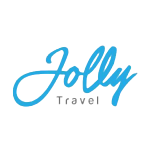 Jolly Travel logo in blue script with gray text