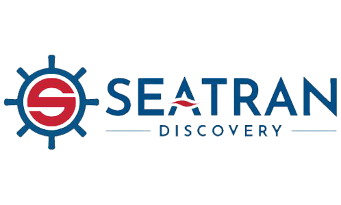 SeaTran Discovery logo featuring a ship's wheel and red sailboat emblem with navy text