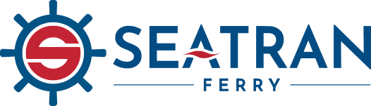 Seatran Ferry logo with ship wheel symbol and text on white background