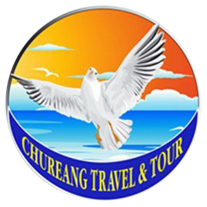 White dove logo design with ocean sunset backdrop and blue banner text