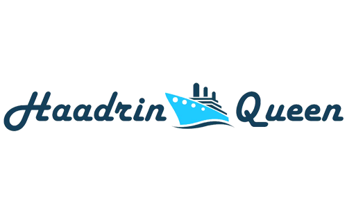 Haadrin Queen logo featuring blue ferry boat with stylized waves and navy italic text