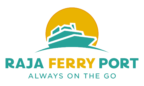 Raja Ferry Port logo with teal ferry ship icon and gold sun circle on white background