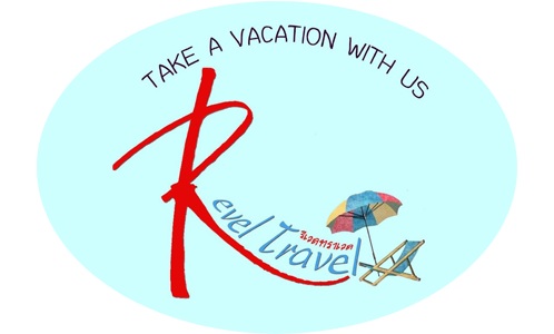 Red stylized 'K' logo with beach chair and umbrella on light blue oval background with text 'Take a vacation with us' and 'travel'