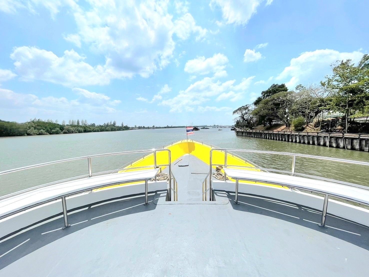Ponte di prua di un traghetto passeggeri giallo e grigio che naviga un ampio fiume lungo una sponda di mangrovie e un molo