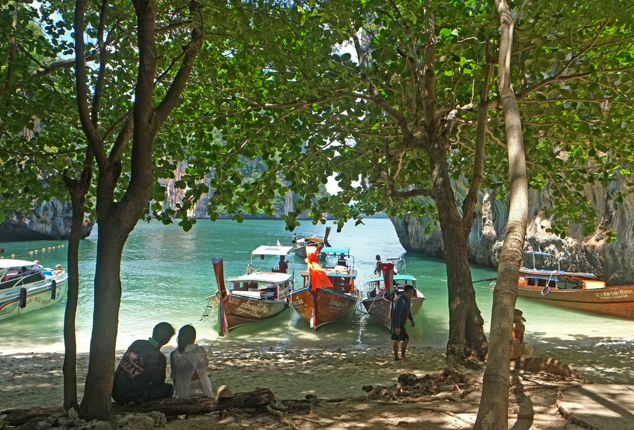 Thai longtail boats moored on a shaded cove beach framed by trees, with limestone karst cliffs and turquoise water