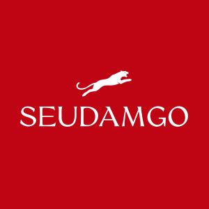 Seudamgo logo with white running dog silhouette on red background