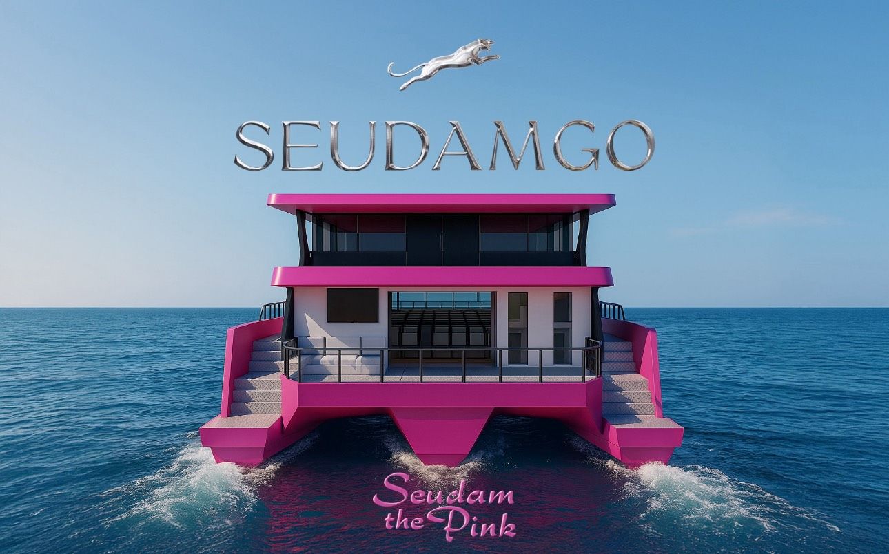 Pinke Doppelrumpf-Katamaranfähre auf See unter blauem Himmel, mit silberner Schrift und springendem Katzen-Logo