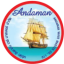 Circular ferry operator logo with yellow sailing vessel on blue water and red/white border